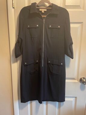 Michael Kors Navy Zip-Front Shirt Dress with Silver Hardware